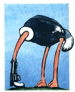 Rollover: a.-Illustration of ostrich hiding head in a revolver b.-Caricature of Picasso. 